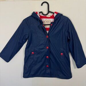 Hatley Kids Rain Jacket Hooded Waterproof Navy Red Stripe Size 7 Nautical Unisex